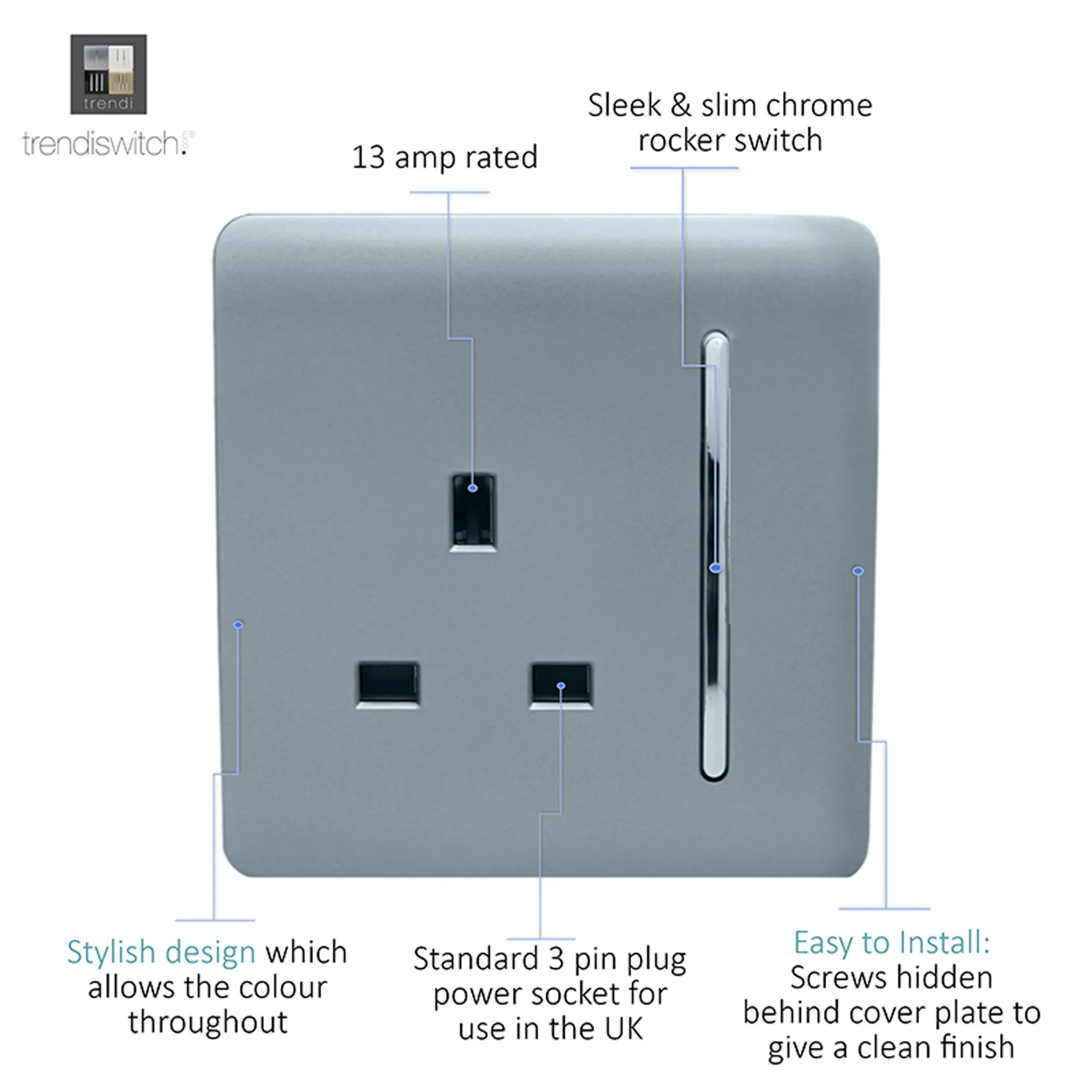 1 Gang 13Amp Switched Single Socket Cool Grey ART-SKT13CG  Trendi Cool Grey